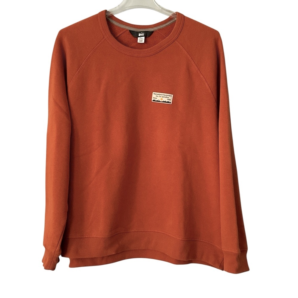 REI Patch Crewneck Fleece Lined Burnt Orange Sweatshirt